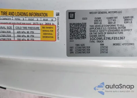 2020 Chevrolet Silverado 2500Hd 2Wd Long Bed Wt z USA, uszkodzony, nr VIN 1GC0WLE74LF251367